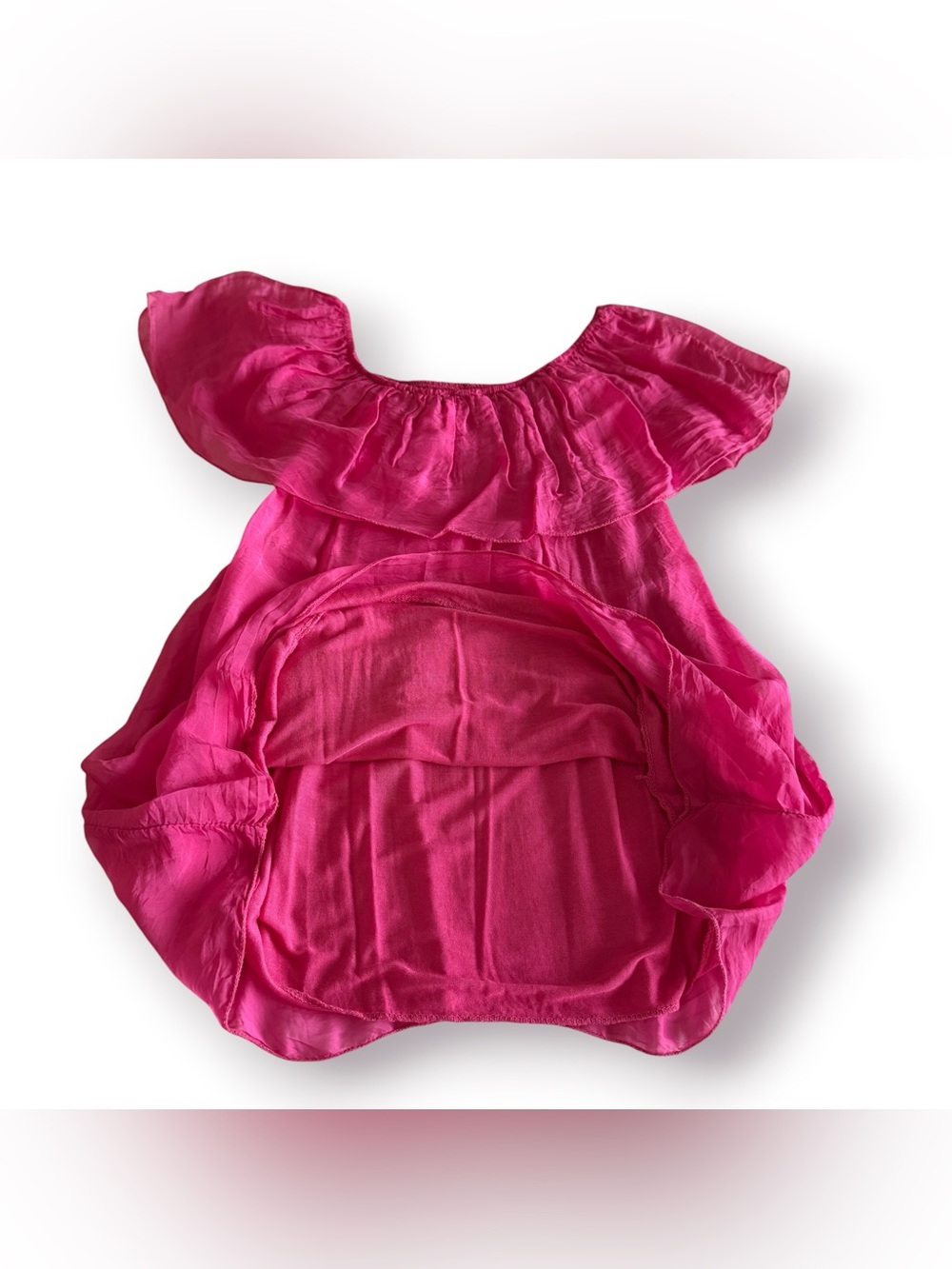 Flowy Boho Off-the-shoulder Fuchsia 100% Silk Blouse with Ruffle Detail - Picture 4 of 6
